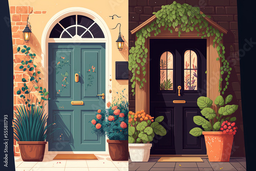 posters advertising home construction entrances, wooden front doors. graphic set of a house exterior with apartment openings and potted plants. doors in the walls of buildings. the building's f © 2rogan