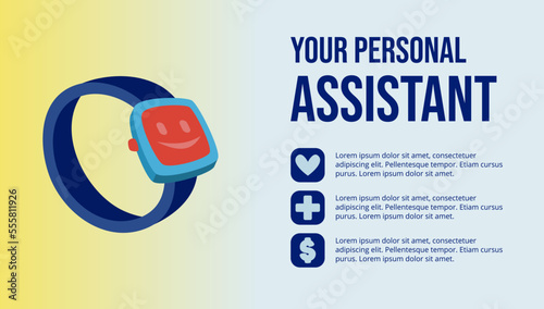 futuristic technology landing page website design interface illustration with smartwatch illustration. yellow and blue gradient background and banner isolated vector design resource.
