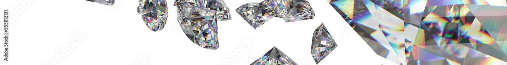 Shiny Diamonds on black surface background. Concept image of luxury living, expensive things and high added value. 3D CG. Full banner size. PNG file format.