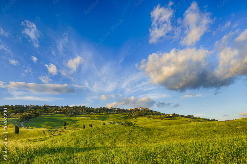 Pienza at hill with rolling landscape. UNESCO World Heritage Site. Pienza, Val d´Orcia, Tuscany, Italy. Pienza at hill with rolling landscape. UNESCO World Heritage Site. Pienza, Val d´Orcia, Tuscany, Italy.