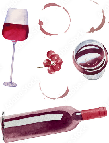 Watercolor glasses and bottle of red wine with circles isolated on white