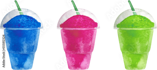 Watercolor frosty ice raspberry, pink, blue and green berry smoothie slush in a clear plastic container with a straw.
