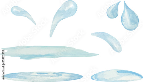 Watercolor puddles of water spill. Blue stain, plash, drops.