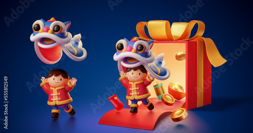 3D illustration of cny cute asian child performing lion dance run out from giant dissected giftbox on red carpet followed by coins, gold ingot, red envelope and firecracker decoration.