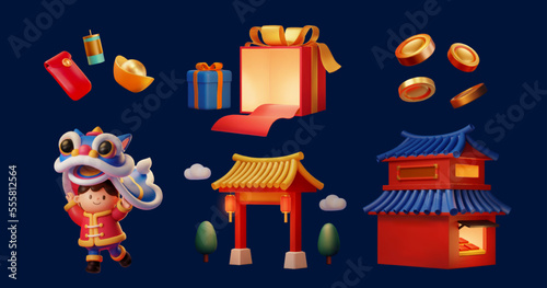 3D illustration of cny elements include asian child performing lion dance, dissected giftbox with red carpet rolling out, coins, gold ingot, red envelope, chinese building and firecracker decoration.