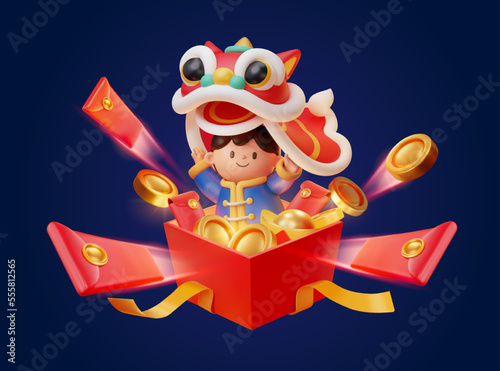 3D illustration of cny cute asian boy performing lion dance with gold coins, ingots and red envelope shooting out from the giftbox on indigo background.