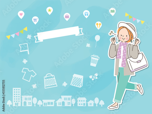 お出かけする若い女性と街並みのベクターイラストセット