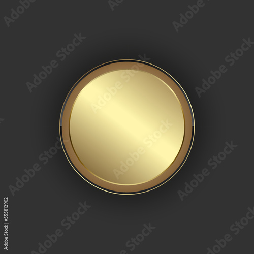 A gold circle button, premium banner on dark background,gold button in round gold frame vector illustration. abstract circle badge element.