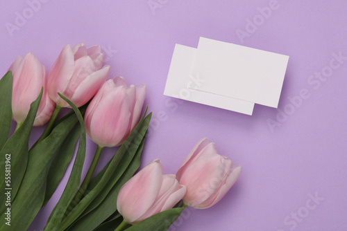 Fototapeta Naklejka Na Ścianę i Meble -  bouquet of tulips with business cards on lavender color background. Top view
