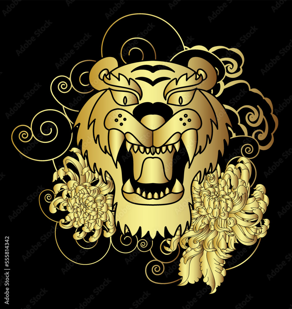 colorful traditional tattoo style Tiger face with cherry blossom and hibiscus flower on could and red rising sun background.Chinese Tiger roaring tattoo. colorful traditional tattoo style Tiger face with cherry blossom and hibiscus flower on could and red rising sun background.Chinese Tiger roaring tattoo.