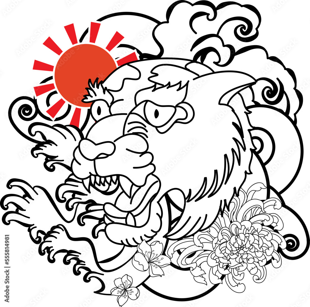 Obraz premium colorful traditional tattoo style Tiger face with cherry blossom and hibiscus flower on could and red rising sun background.Chinese Tiger roaring tattoo.