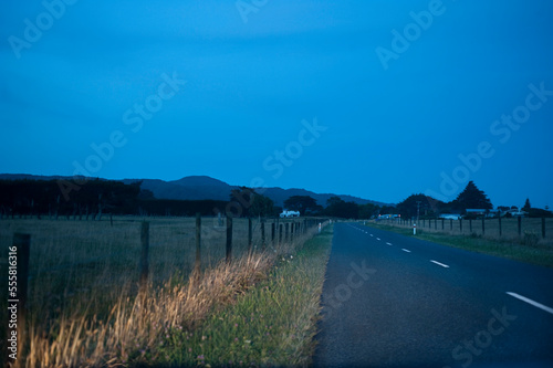 Rural Scene and Road at Night near Takaka, Golden Bay District, Nelson Region, South Island, New Zealand photo