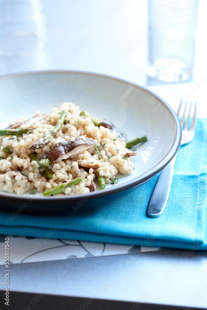 Single Serving of Barley Risotto with Mushroom and Asparagus Single Serving of Barley Risotto with Mushroom and Asparagus
