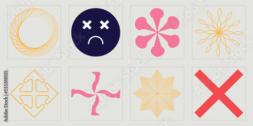 Set of Y2K style vectors of objects. Retro futuristic graphic ornaments. Flat minimalist icons. Anti-design. Vector illustration