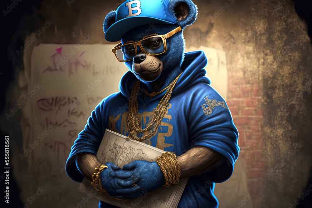 Real rapper with sunglasses, a gold chain, and a blue cap poses with a cool hip hop bear wearing casual clothing and holding a graffiti style sign. Generative AI - obrazy, fototapety, plakaty 