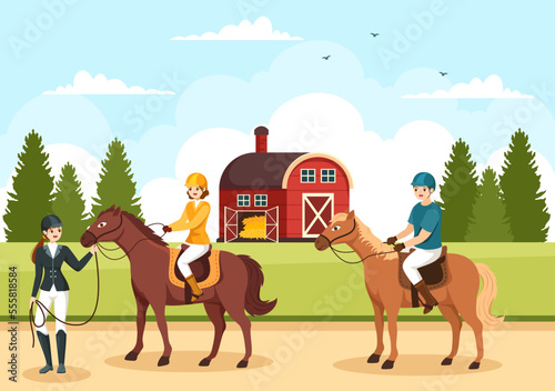 Equestrian Sport Horse Trainer with Training, Riding Lessons and Running Horses in Flat Cartoon Hand Drawn Template Illustration
