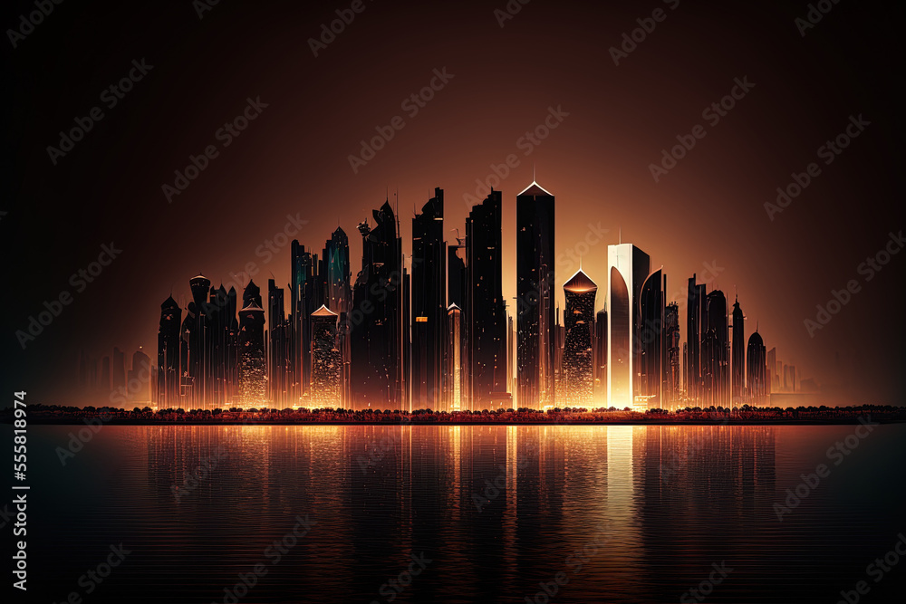 Conceptual Ai Generated Image (not actual) - Qatar's Doha skyline at night. Generative AI