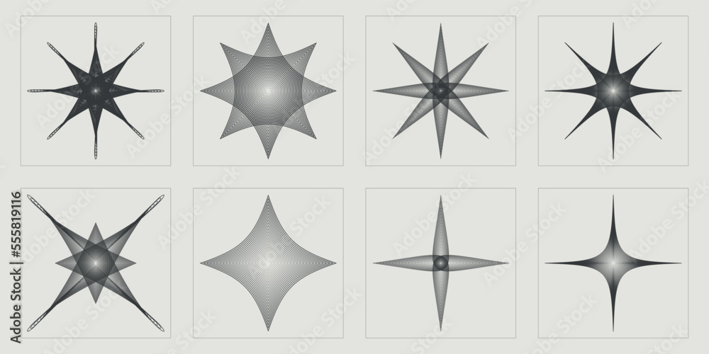 Retro futuristic elements for design. Big collection of abstract graphic geometric symbols. Templates for notes, posters. Stars, starburst . Vector illustration Retro futuristic elements for design. Big collection of abstract graphic geometric symbols. Templates for notes, posters. Stars, starburst . Vector illustration