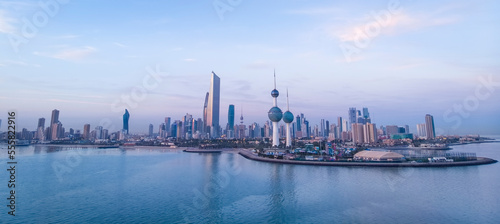 Panorama Kuwait Tower and the City Scape of Kuwait Foggy 