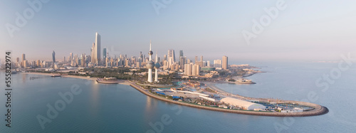 Top View of Kuwait Tower and the City Scape of Kuwait Foggy in middle east