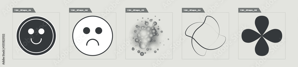 Vector Graphic Assets Set. Rave psychedelic retro futuristic set. Elements for graphic decoration. Isolated on black background. Vector illustration Vector Graphic Assets Set. Rave psychedelic retro futuristic set. Elements for graphic decoration. Isolated on black background. Vector illustration