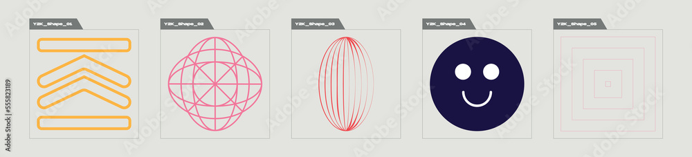 Collection of Y2K elements. Retro futuristic graphic ornaments. For modern T-shirts designed. Isolated on black background. Vector illustration