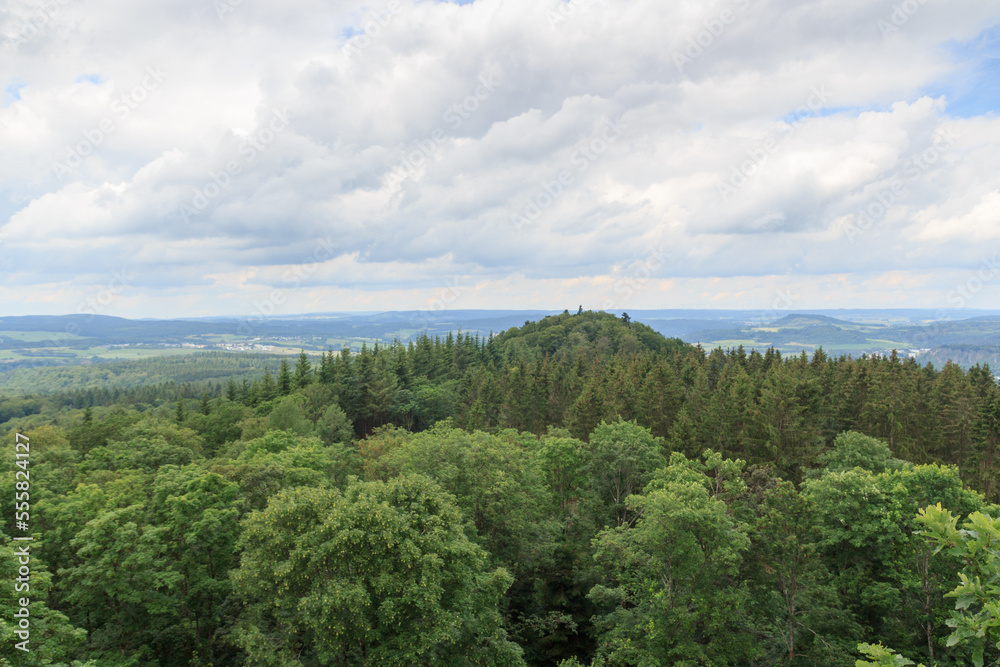 Panorama view of Eifel mountains with trees seen from hill Heiligenstein near Gerolstein, Germany