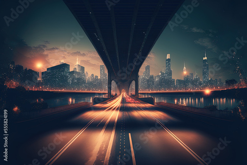 Nighttime asphalt road under the bridge with a stunning metropolitan skyline in the backdrop. Generative AI