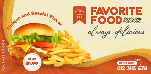 Fried chicken burger with fries social media banner template