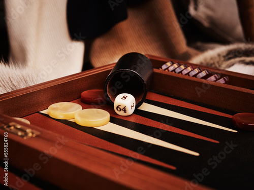 Close-up of backgammon game, studio shot
