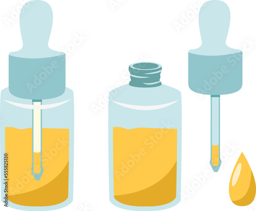 Cosmetics set of manicure cuticle oil glass bottle with lid and pipette isolated on white background