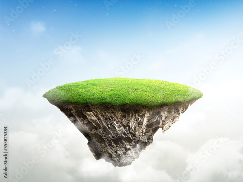round soil ground cross section with earth land and green grass. fantasy floating island natural on the rock surreal float landscape with paradise concept on top of blue sky. 3d illustration.