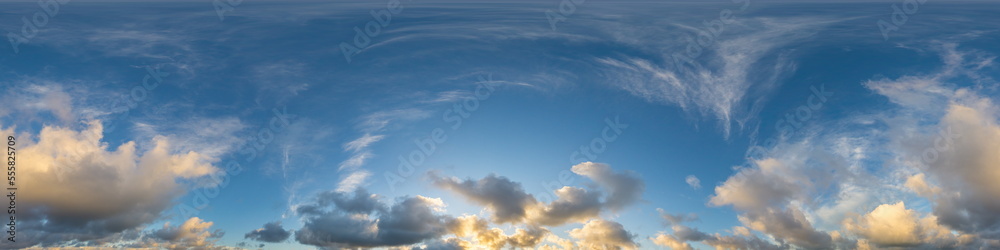 Dark blue sunset sky panorama with Cumulus clouds. Seamless hdr pano in spherical equirectangular format. Complete zenith for 3D visualization, game and sky replacement for aerial drone 360 panoramas. Dark blue sunset sky panorama with Cumulus clouds. Seamless hdr pano in spherical equirectangular format. Complete zenith for 3D visualization, game and sky replacement for aerial drone 360 panoramas.