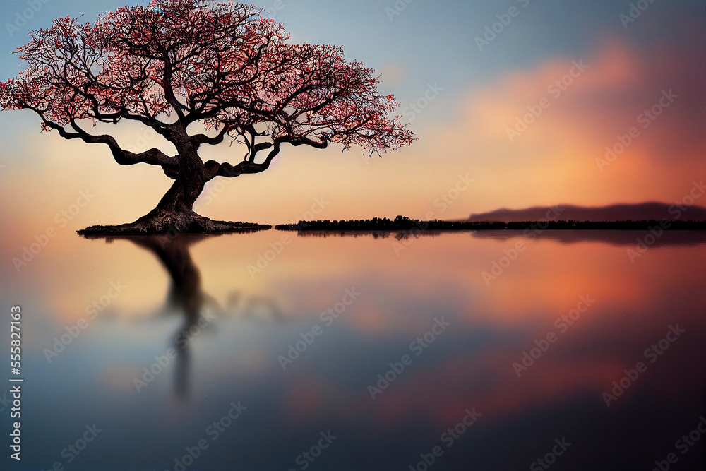 tree of life reminiscent of Yggdrasil reflected in an icy lake at night, dramatic starry sky in the background tree of life reminiscent of Yggdrasil reflected in an icy lake at night, dramatic starry sky in the background