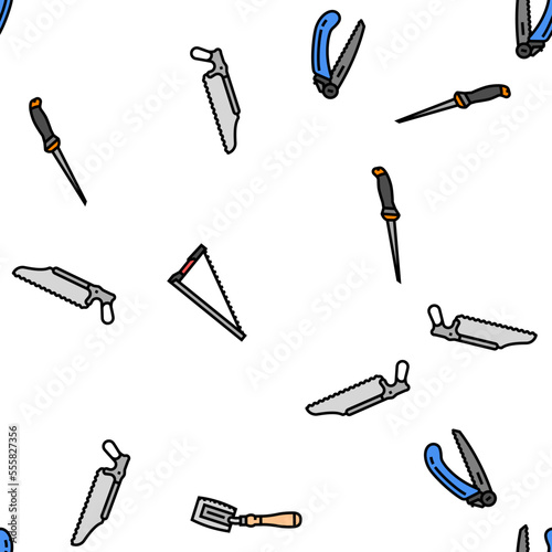 saw hand wood construction vector seamless pattern thin line illustration