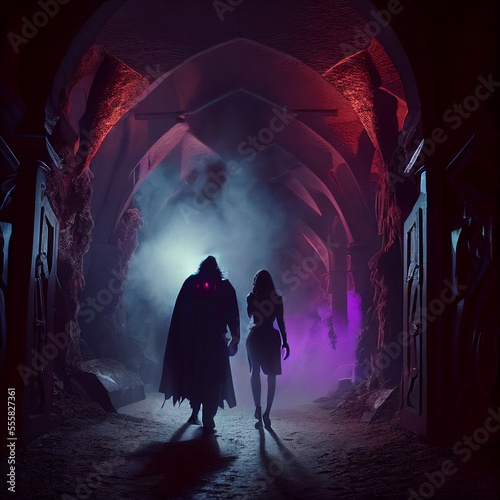 a portrait of a couple walking through a massive dungeon entrance created with generative ai technology © Keyser the Red Beard