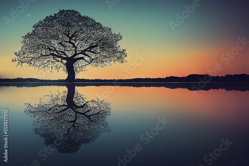 tree of life reminiscent of Yggdrasil reflected in an icy lake at night, dramatic starry sky in the background © surassawadee
