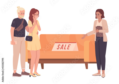 Discount on couch 2D vector isolated illustration. Soft furniture store flat characters on cartoon background. Colorful editable scene for mobile, website, presentation. Bebas Neue font used