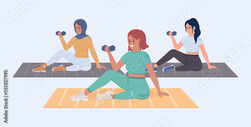Women exercising in gym semi flat color vector character. Editable figure. Full body people on white. Training session simple cartoon style illustration for web graphic design and animation