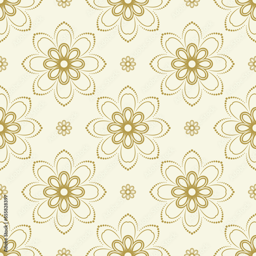 Floral golden ornament. Seamless abstract classic background with golden flowers. Pattern with repeating floral elements. Ornament for fabric, wallpaper and packaging