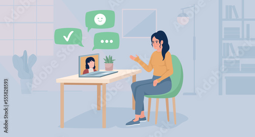 Positive feedback flat color vector illustration. Happy employee. Online communication. Customer reaction. Video meeting. Fully editable 2D simple cartoon character with home interior on background