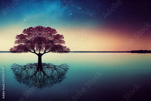 tree of life reminiscent of Yggdrasil reflected in an icy lake at night, dramatic starry sky in the background