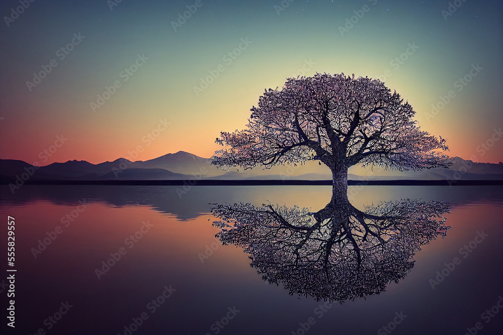 tree of life reminiscent of Yggdrasil reflected in an icy lake at night, dramatic starry sky in the background tree of life reminiscent of Yggdrasil reflected in an icy lake at night, dramatic starry sky in the background