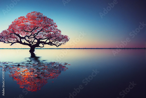 tree of life reminiscent of Yggdrasil reflected in an icy lake at night  dramatic starry sky in the background