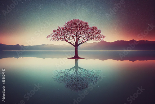 tree of life reminiscent of Yggdrasil reflected in an icy lake at night, dramatic starry sky in the background