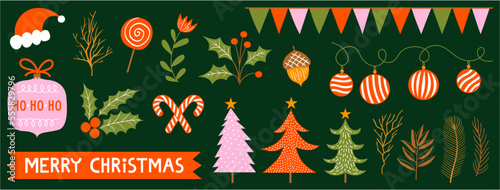 Set Christmas elements. Plants, branches, ribbons, balls and stars vector. Drawing beautiful decorative set with Christmas elements and lettering. Vector illustration.