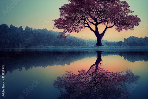 tree of life reminiscent of Yggdrasil reflected in an icy lake at night  dramatic starry sky in the background