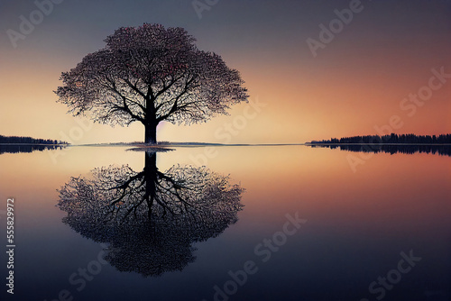 tree of life reminiscent of Yggdrasil reflected in an icy lake at night, dramatic starry sky in the background © surassawadee