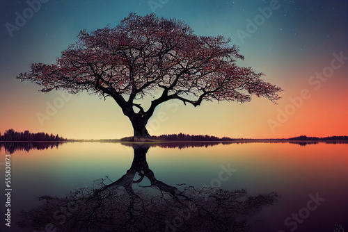 tree of life reminiscent of Yggdrasil reflected in an icy lake at night  dramatic starry sky in the background