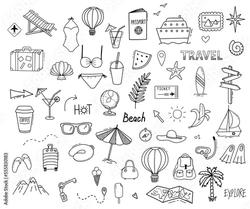 Vector set with palm tree branch, mountains, ship and suitcase. Vacation on sea, summer seaside resort. Doodle hand drawn illustrations isolated on white